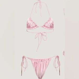Divino Seas Mary rose inika Pink Satin Tie-String Bikini Set size large top /med